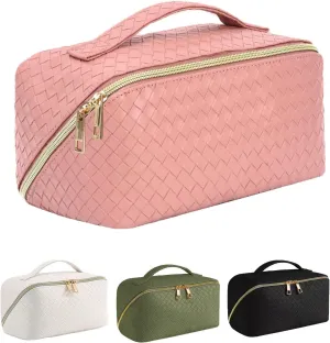 Large Capacity Travel Makeup Bag,Portable Waterproof Cosmetic Bag,PU Leather Checkered with Handle Divider Multifunctional Bag,Parallel Makeup Organizer Toiletry Bag for Women (Pink)