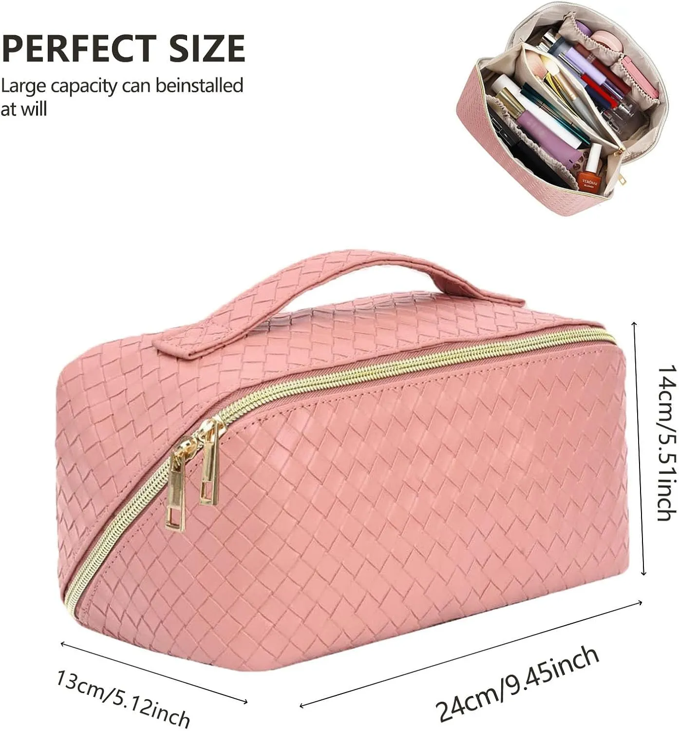 Large Capacity Travel Makeup Bag,Portable Waterproof Cosmetic Bag,PU Leather Checkered with Handle Divider Multifunctional Bag,Parallel Makeup Organizer Toiletry Bag for Women (Pink)