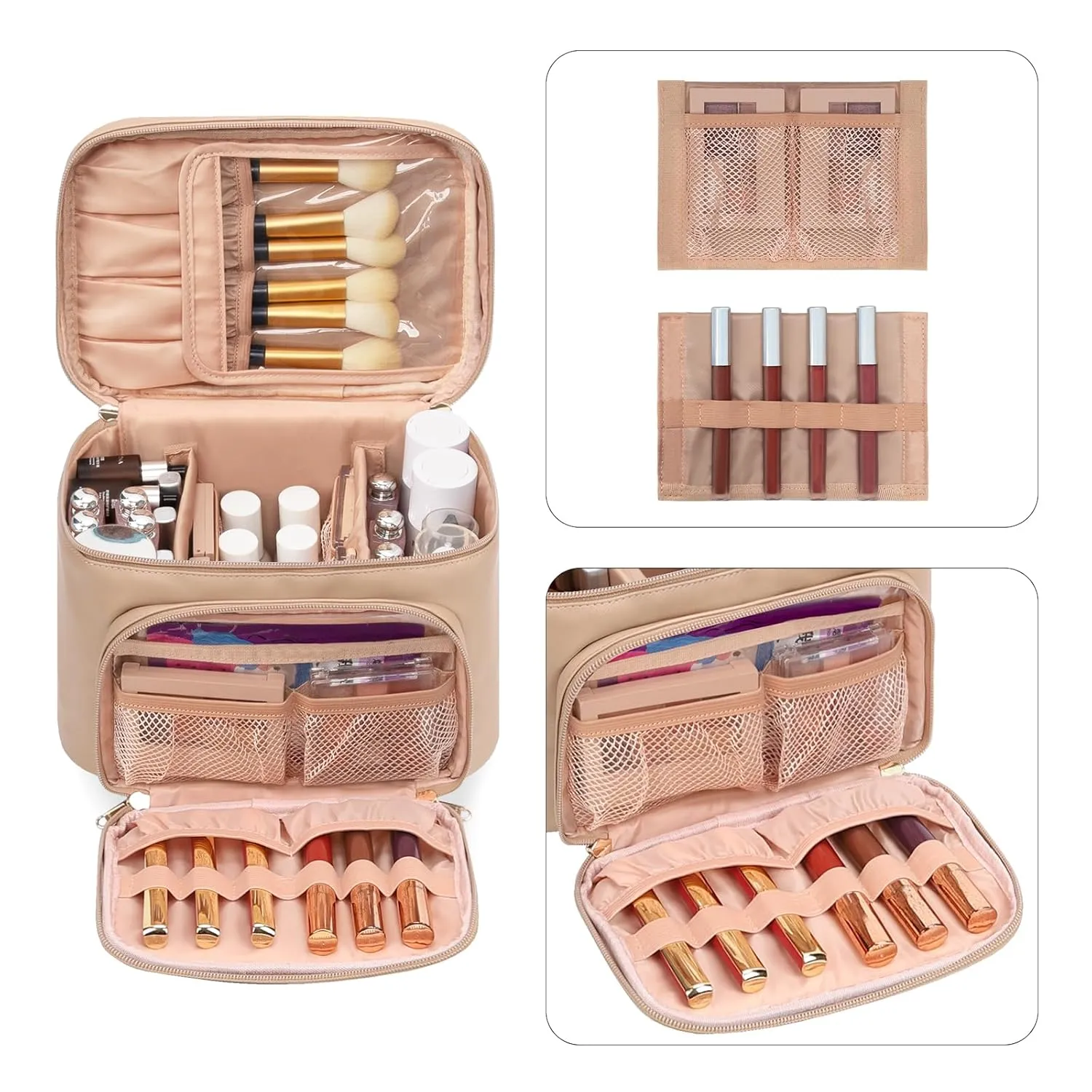Large Makeup Bag, Portable Travel Makeup Bag for Women Girls with Makeup Brush Compartment, Stylish Makeup Bag Organizer Cosmetic Case With Handle and Divider - Apricot