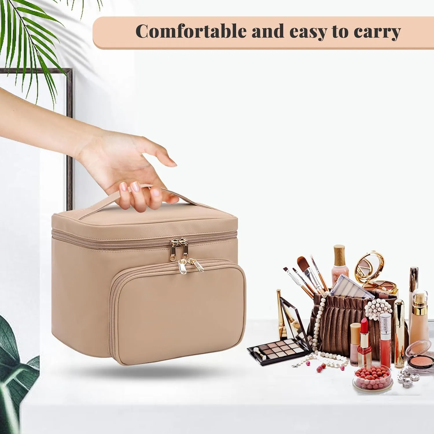 Large Makeup Bag, Portable Travel Makeup Bag for Women Girls with Makeup Brush Compartment, Stylish Makeup Bag Organizer Cosmetic Case With Handle and Divider - Apricot