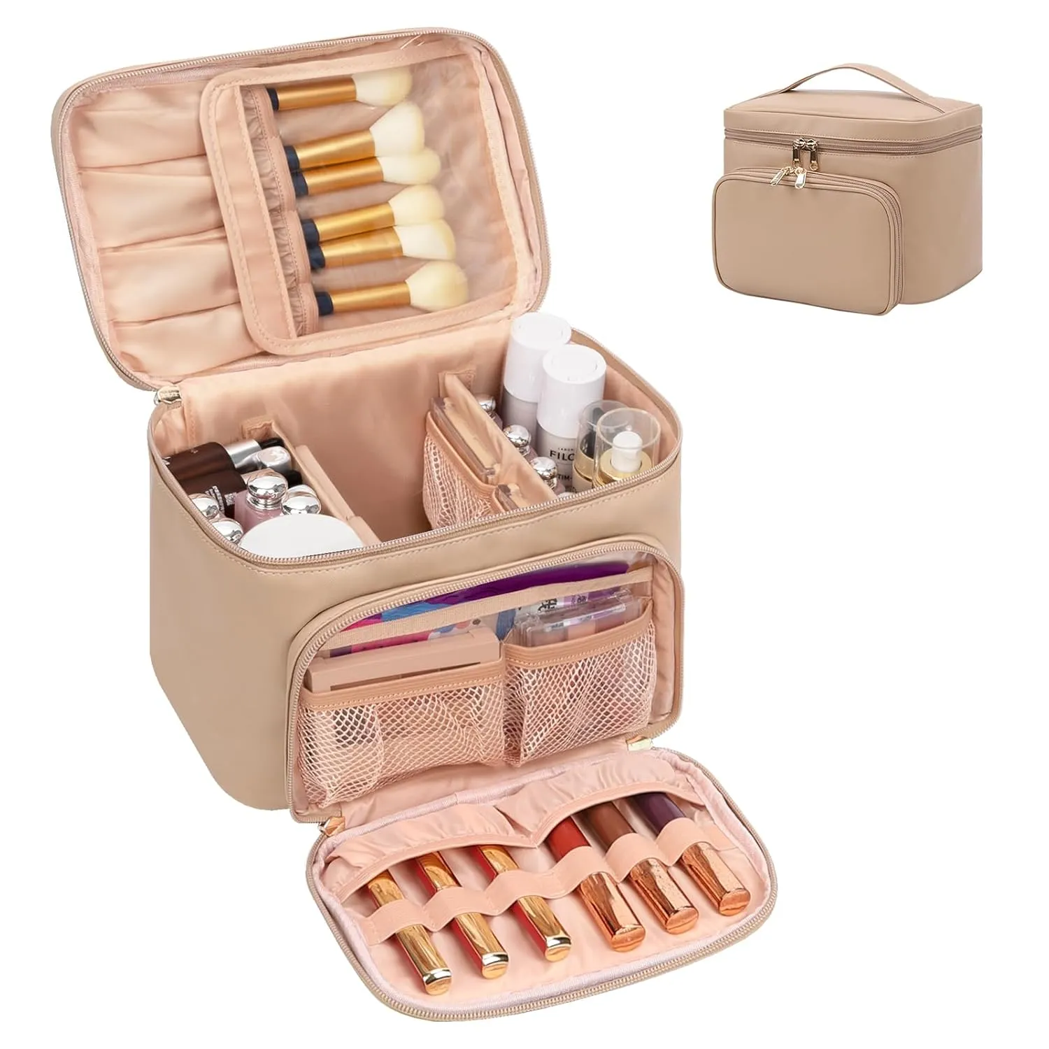Large Makeup Bag, Portable Travel Makeup Bag for Women Girls with Makeup Brush Compartment, Stylish Makeup Bag Organizer Cosmetic Case With Handle and Divider - Apricot