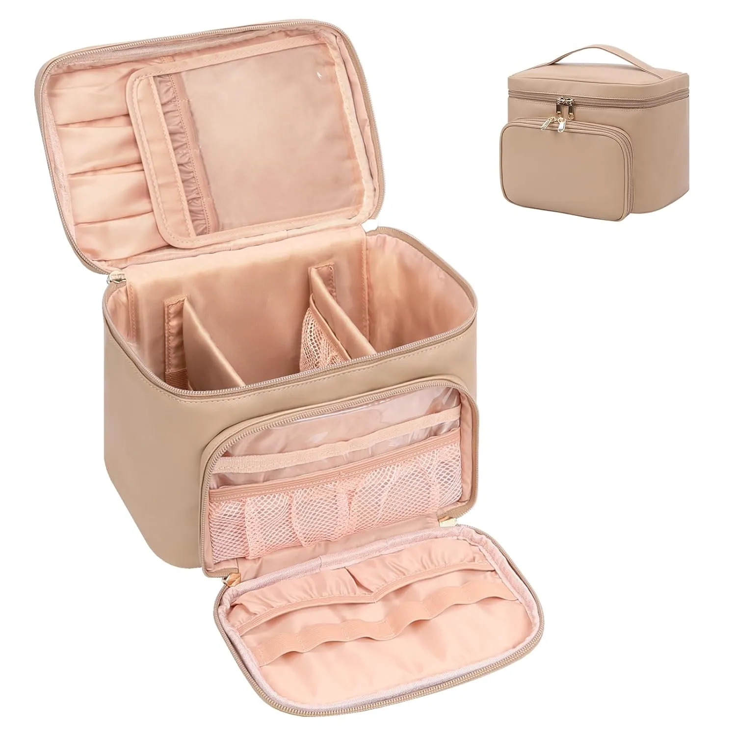 Large Makeup Bag, Portable Travel Makeup Bag for Women Girls with Makeup Brush Compartment, Stylish Makeup Bag Organizer Cosmetic Case With Handle and Divider - Apricot