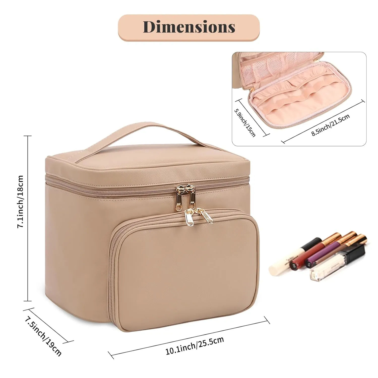 Large Makeup Bag, Portable Travel Makeup Bag for Women Girls with Makeup Brush Compartment, Stylish Makeup Bag Organizer Cosmetic Case With Handle and Divider - Apricot