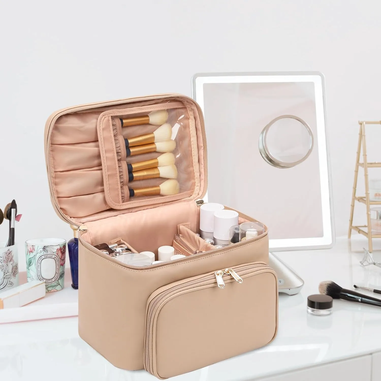 Large Makeup Bag, Portable Travel Makeup Bag for Women Girls with Makeup Brush Compartment, Stylish Makeup Bag Organizer Cosmetic Case With Handle and Divider - Apricot