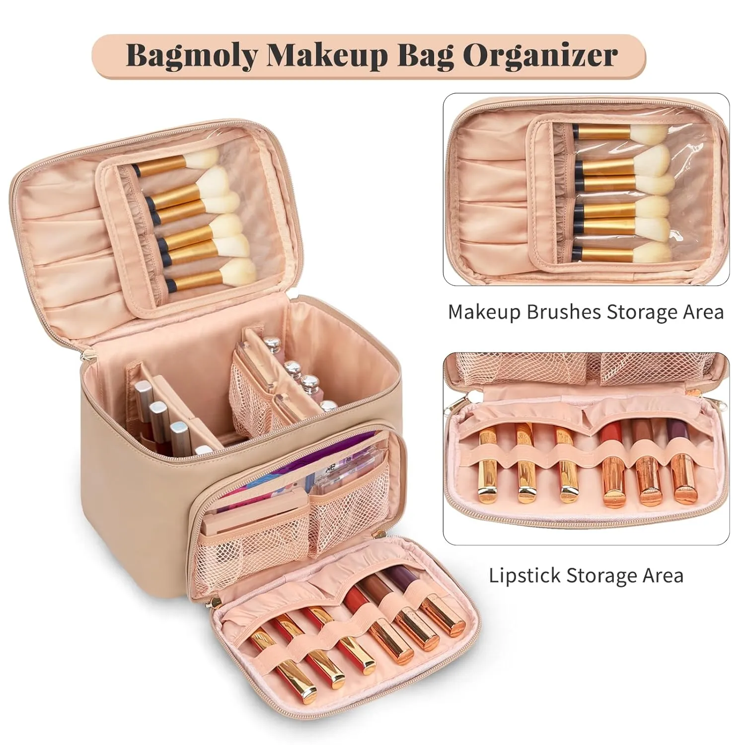 Large Makeup Bag, Portable Travel Makeup Bag for Women Girls with Makeup Brush Compartment, Stylish Makeup Bag Organizer Cosmetic Case With Handle and Divider - Apricot