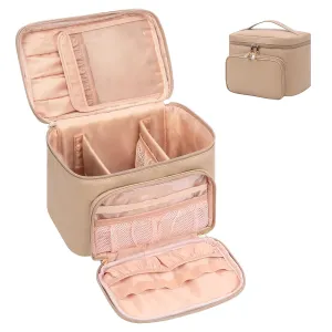 Large Makeup Bag, Portable Travel Makeup Bag for Women Girls with Makeup Brush Compartment, Stylish Makeup Bag Organizer Cosmetic Case With Handle and Divider - Apricot