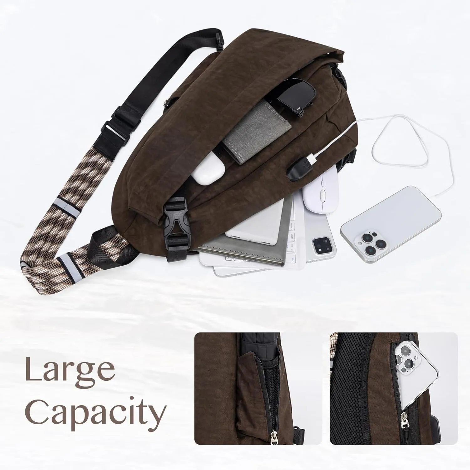 Large Sling Bag Nylon Purse Crossbody Bags for Women Waterproof Shoulder Bag for Women Men Travel Hiking