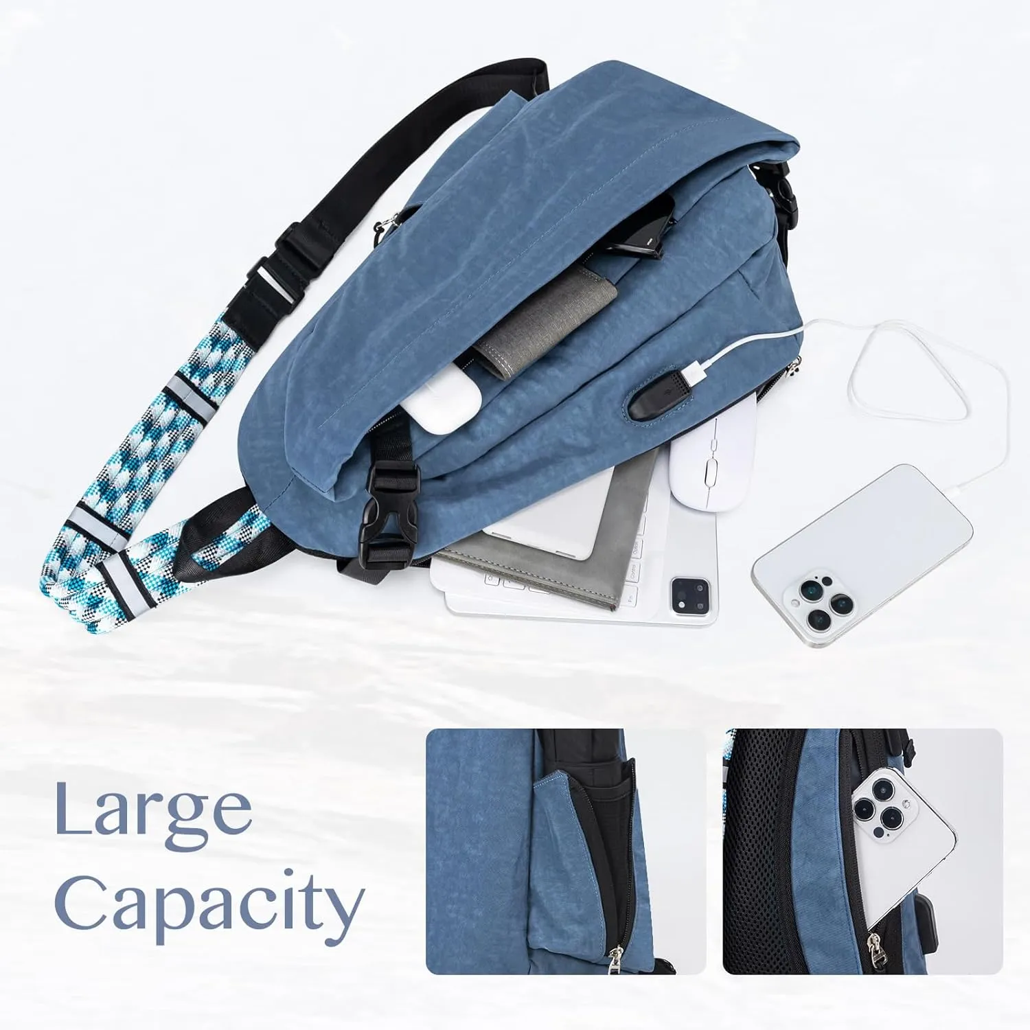 Large Sling Bag Nylon Purse Crossbody Bags for Women Waterproof Shoulder Bag for Women Men Travel Hiking