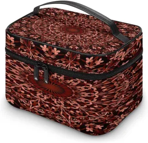 Large Women Wash Bag, Cosmetic Organizer Train Toiletry Storage Case Holder Zipper Makeup Bag Pouch 9.8x7.5x5.9 in Print Maroon Abstract Mandala Bohemian Floral Flower on Black