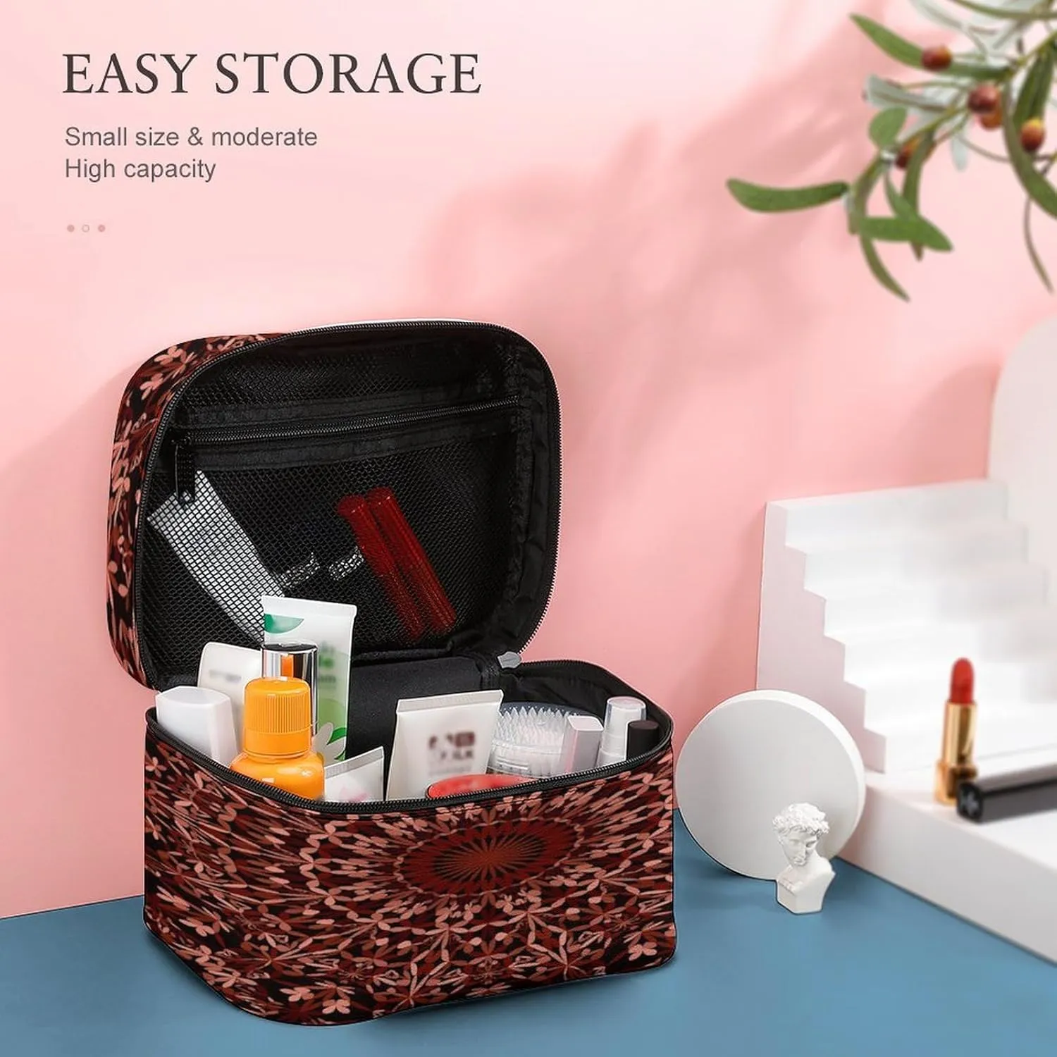 Large Women Wash Bag, Cosmetic Organizer Train Toiletry Storage Case Holder Zipper Makeup Bag Pouch 9.8x7.5x5.9 in Print Maroon Abstract Mandala Bohemian Floral Flower on Black
