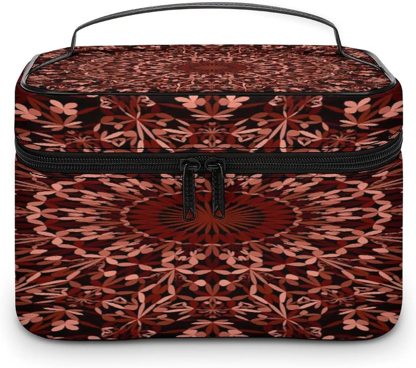 Large Women Wash Bag, Cosmetic Organizer Train Toiletry Storage Case Holder Zipper Makeup Bag Pouch 9.8x7.5x5.9 in Print Maroon Abstract Mandala Bohemian Floral Flower on Black