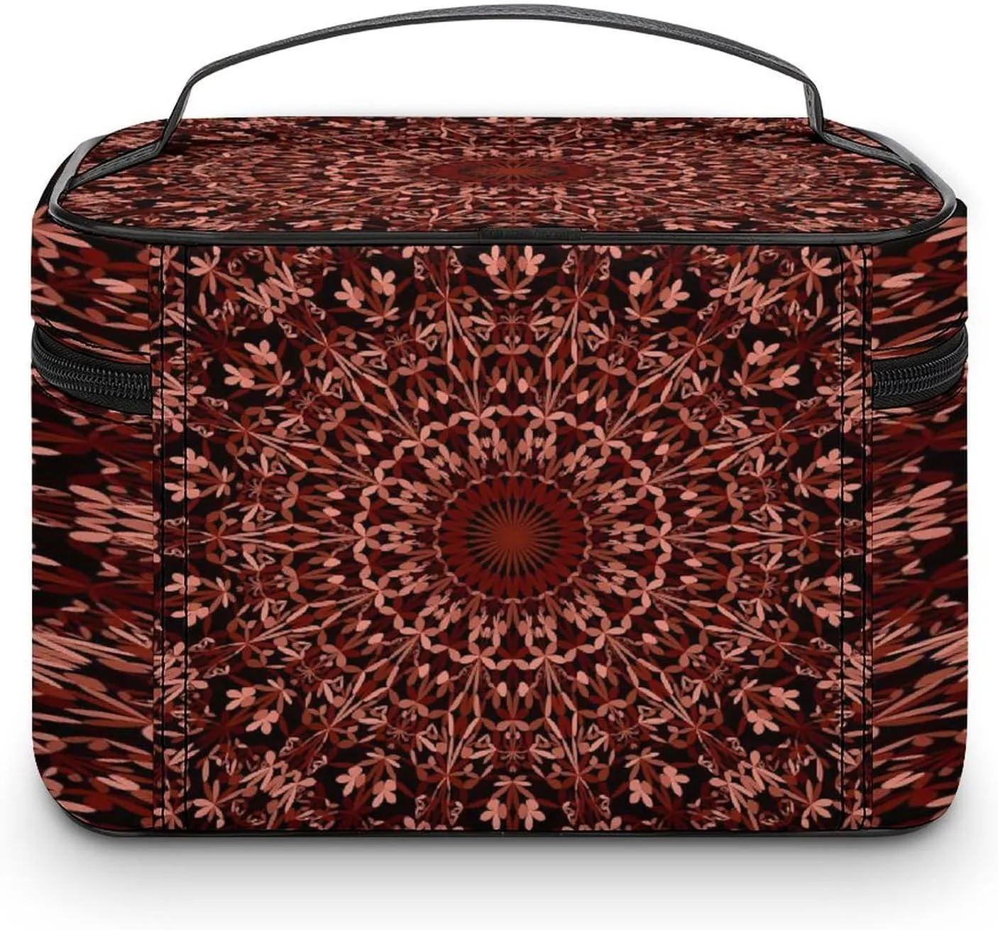Large Women Wash Bag, Cosmetic Organizer Train Toiletry Storage Case Holder Zipper Makeup Bag Pouch 9.8x7.5x5.9 in Print Maroon Abstract Mandala Bohemian Floral Flower on Black