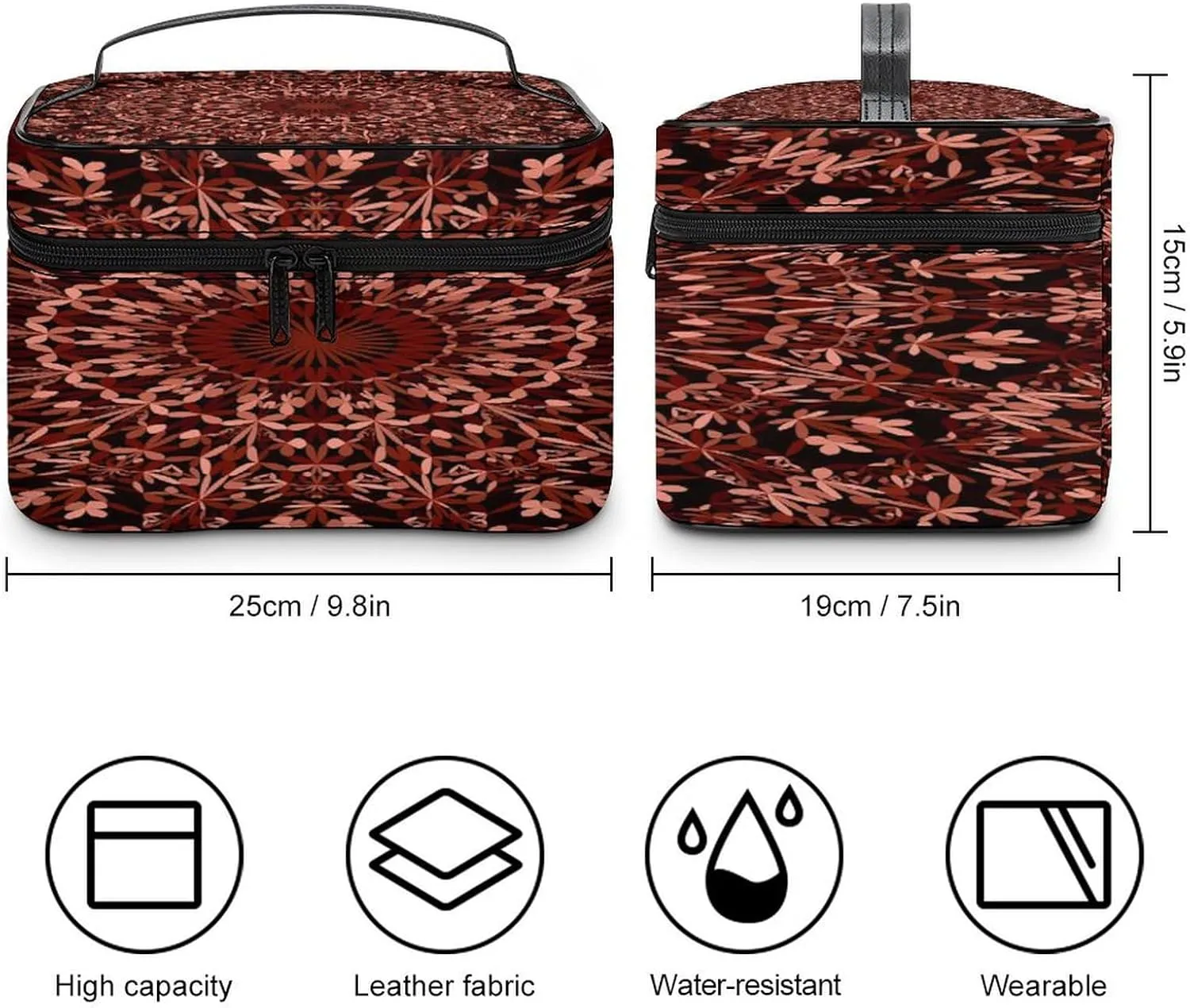 Large Women Wash Bag, Cosmetic Organizer Train Toiletry Storage Case Holder Zipper Makeup Bag Pouch 9.8x7.5x5.9 in Print Maroon Abstract Mandala Bohemian Floral Flower on Black