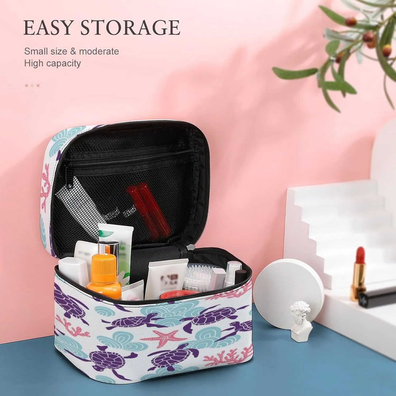 Large Women Wash Bag, Cosmetic Organizer Train Toiletry Storage Case Holder Zipper Makeup Bag Pouch 9.8x7.5x5.9 in Print Purple Sea Turtles Turquoise Seashell Red Coral Reef Stars