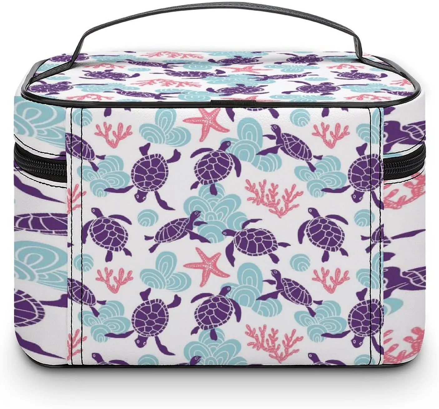 Large Women Wash Bag, Cosmetic Organizer Train Toiletry Storage Case Holder Zipper Makeup Bag Pouch 9.8x7.5x5.9 in Print Purple Sea Turtles Turquoise Seashell Red Coral Reef Stars