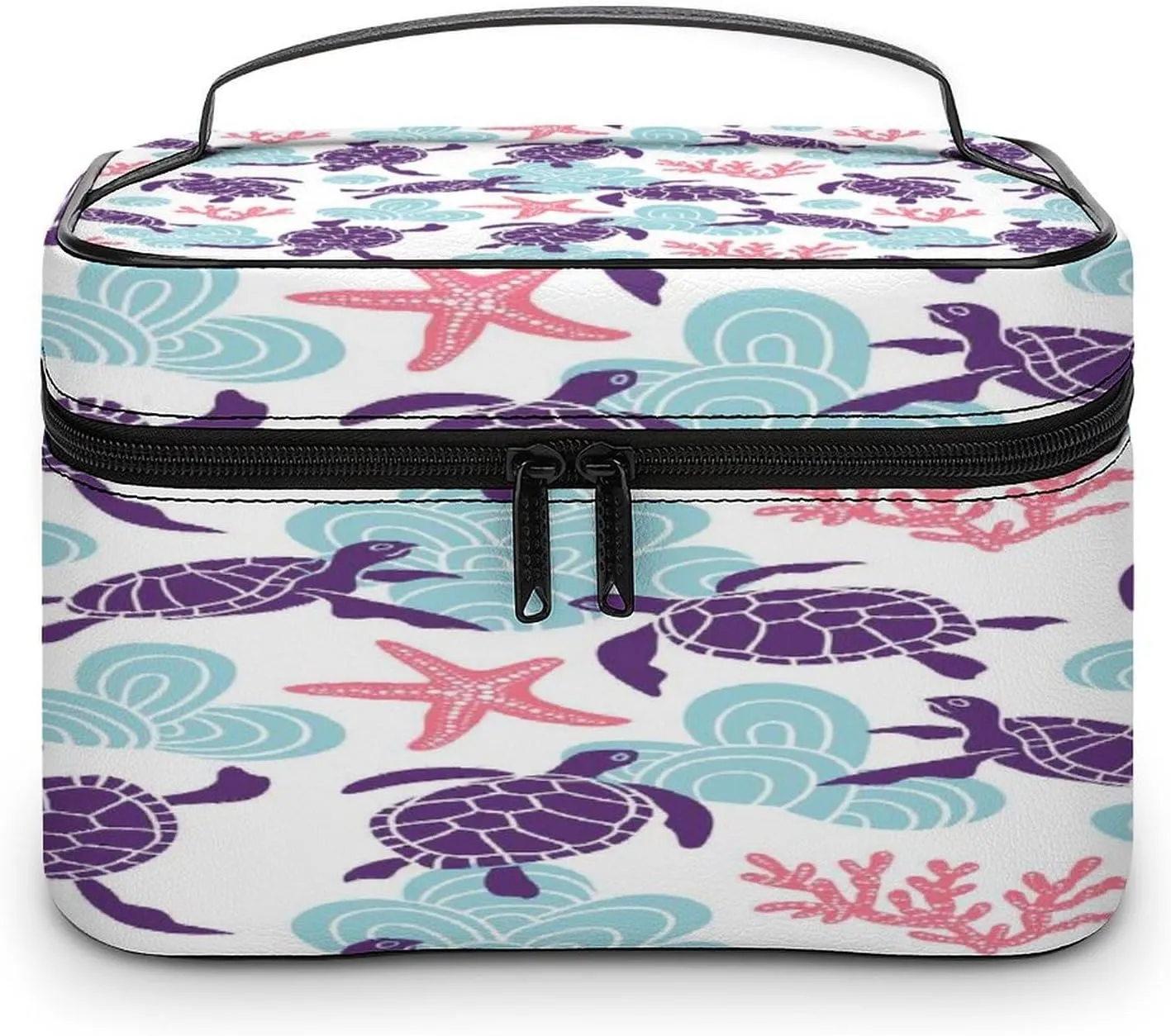 Large Women Wash Bag, Cosmetic Organizer Train Toiletry Storage Case Holder Zipper Makeup Bag Pouch 9.8x7.5x5.9 in Print Purple Sea Turtles Turquoise Seashell Red Coral Reef Stars