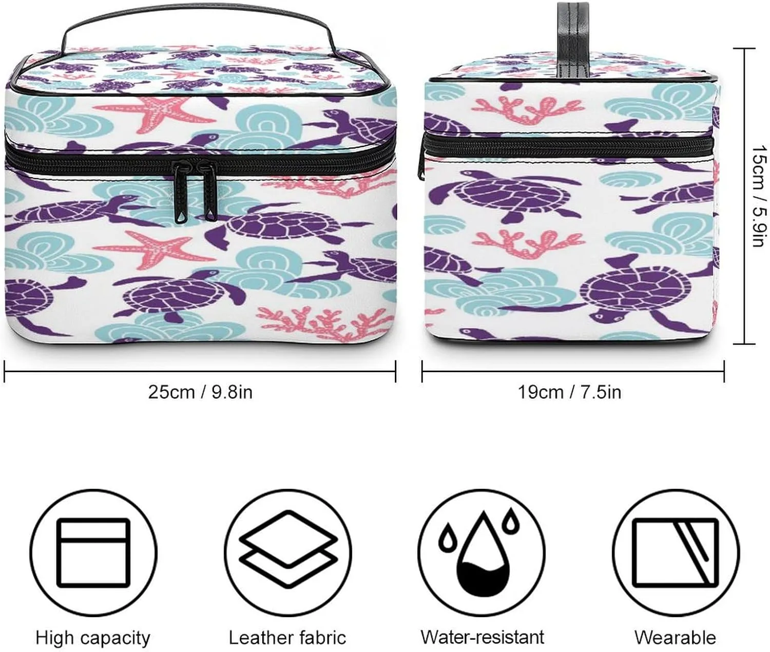 Large Women Wash Bag, Cosmetic Organizer Train Toiletry Storage Case Holder Zipper Makeup Bag Pouch 9.8x7.5x5.9 in Print Purple Sea Turtles Turquoise Seashell Red Coral Reef Stars