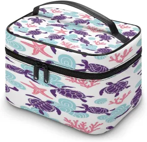 Large Women Wash Bag, Cosmetic Organizer Train Toiletry Storage Case Holder Zipper Makeup Bag Pouch 9.8x7.5x5.9 in Print Purple Sea Turtles Turquoise Seashell Red Coral Reef Stars