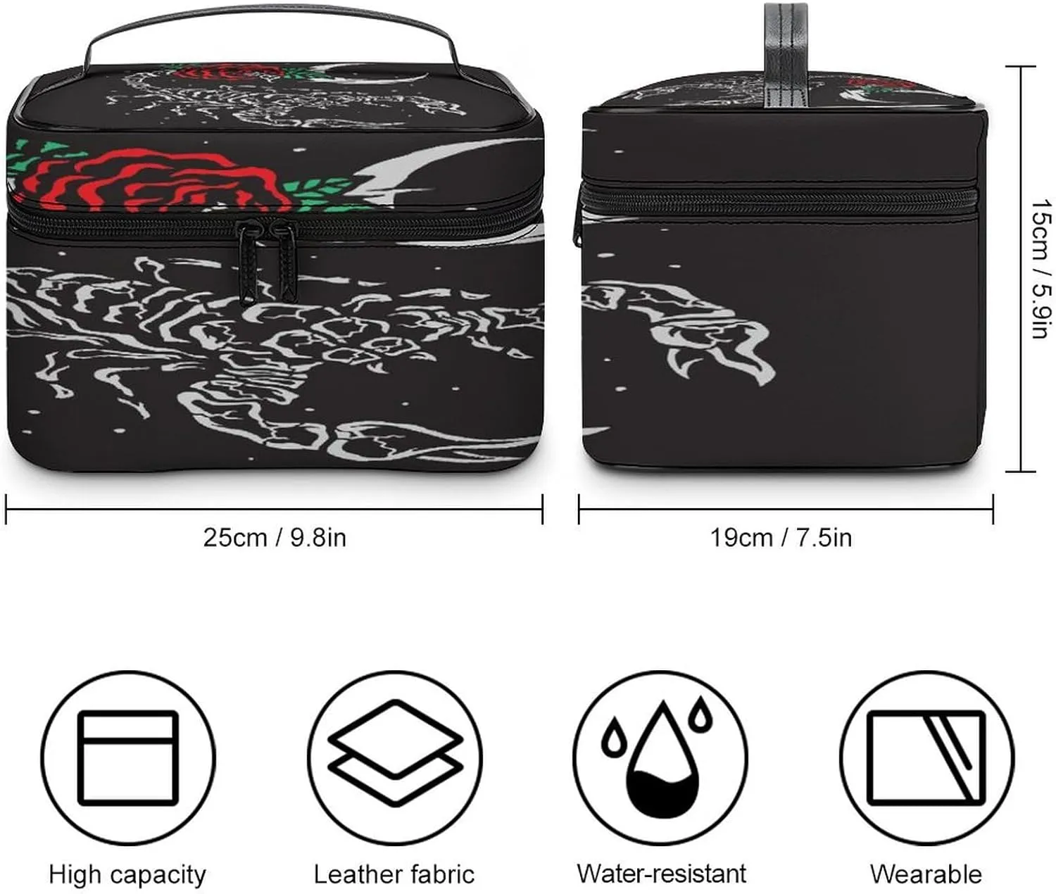Large Women Wash Bag, Cosmetic Organizer Train Toiletry Storage Case Holder Zipper Makeup Bag Pouch 9.8x7.5x5.9 in Print Scorpion Red Rose Flowers Crescent Moon On Black