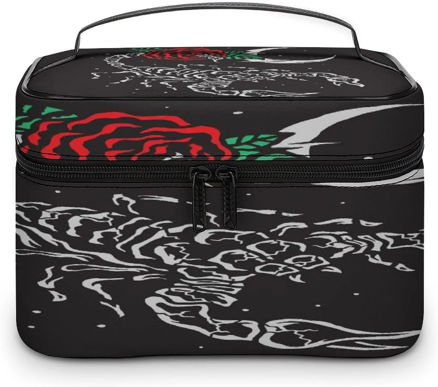Large Women Wash Bag, Cosmetic Organizer Train Toiletry Storage Case Holder Zipper Makeup Bag Pouch 9.8x7.5x5.9 in Print Scorpion Red Rose Flowers Crescent Moon On Black