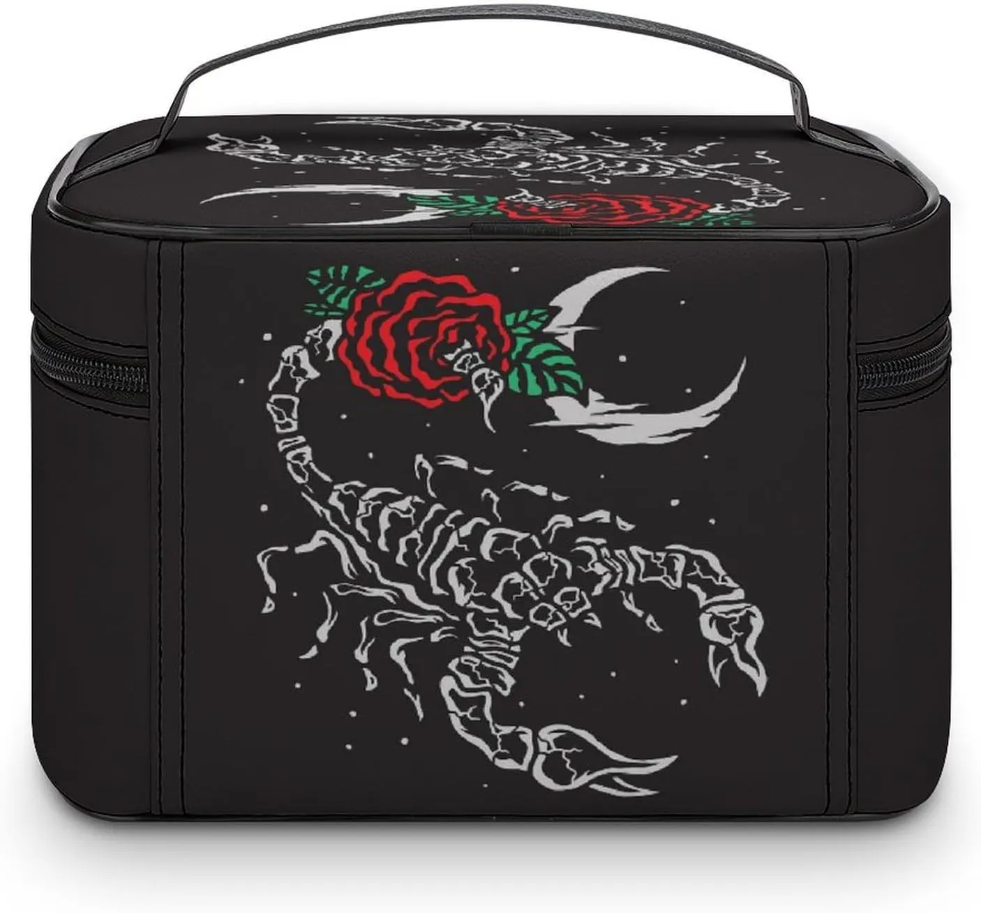 Large Women Wash Bag, Cosmetic Organizer Train Toiletry Storage Case Holder Zipper Makeup Bag Pouch 9.8x7.5x5.9 in Print Scorpion Red Rose Flowers Crescent Moon On Black