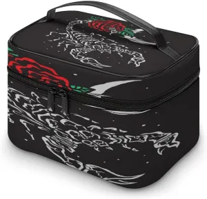 Large Women Wash Bag, Cosmetic Organizer Train Toiletry Storage Case Holder Zipper Makeup Bag Pouch 9.8x7.5x5.9 in Print Scorpion Red Rose Flowers Crescent Moon On Black