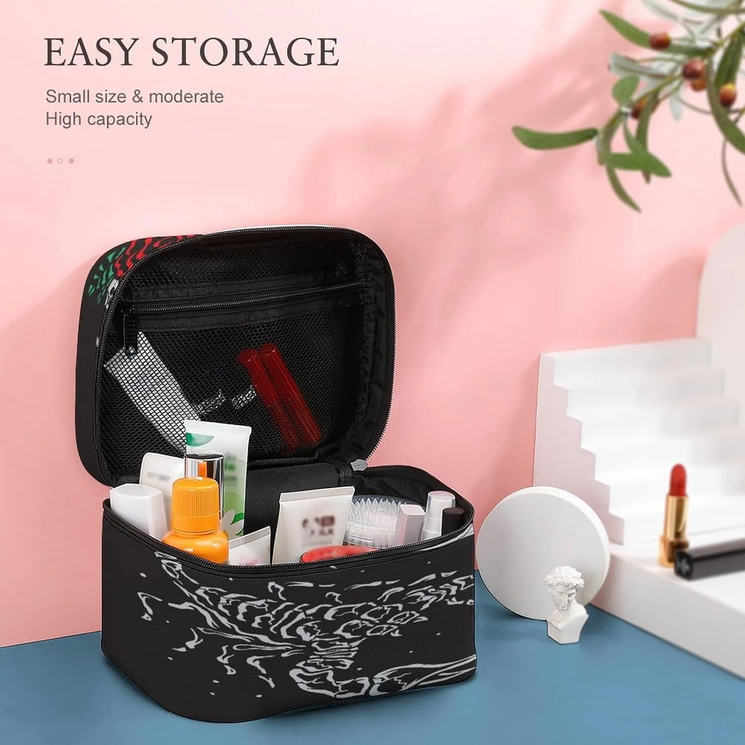 Large Women Wash Bag, Cosmetic Organizer Train Toiletry Storage Case Holder Zipper Makeup Bag Pouch 9.8x7.5x5.9 in Print Scorpion Red Rose Flowers Crescent Moon On Black