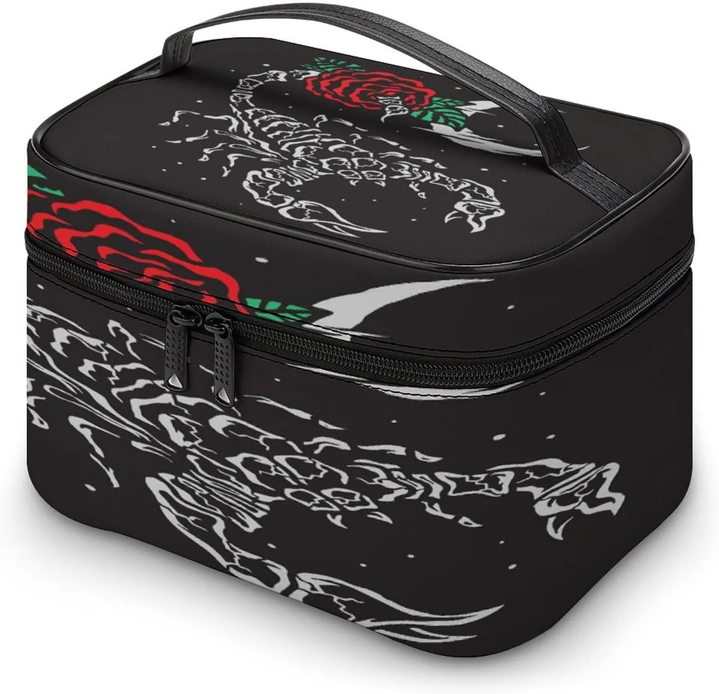 Large Women Wash Bag, Cosmetic Organizer Train Toiletry Storage Case Holder Zipper Makeup Bag Pouch 9.8x7.5x5.9 in Print Scorpion Red Rose Flowers Crescent Moon On Black