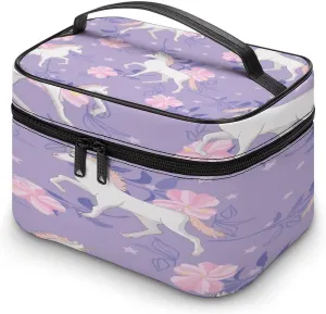 Large Women Wash Bag, Cosmetic Organizer Train Toiletry Storage Case Holder Zipper Makeup Bag Pouch 9.8x7.5x5.9 in Print White Unicorns Pink Flowers Stars On Purple Floral