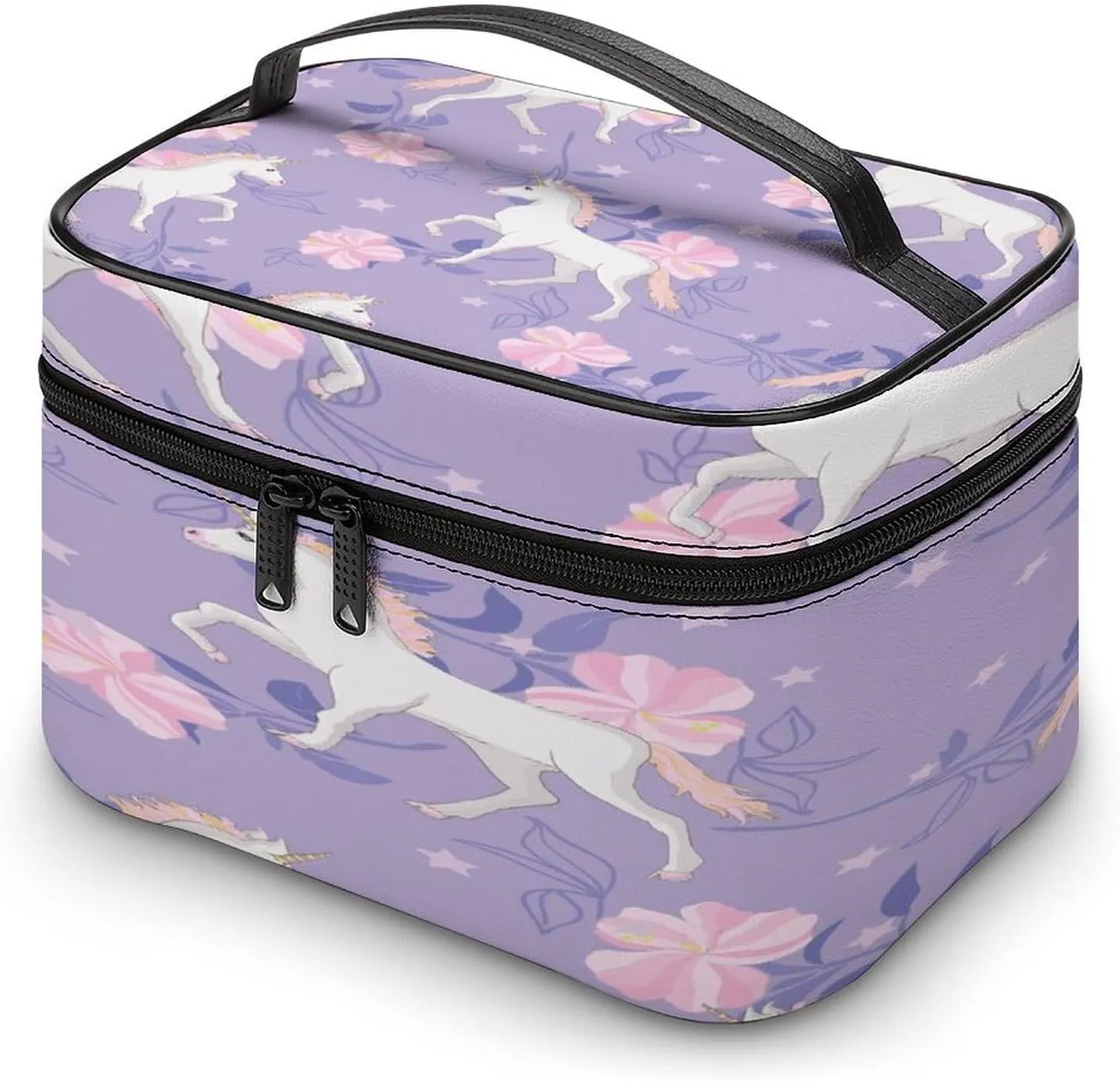 Large Women Wash Bag, Cosmetic Organizer Train Toiletry Storage Case Holder Zipper Makeup Bag Pouch 9.8x7.5x5.9 in Print White Unicorns Pink Flowers Stars On Purple Floral