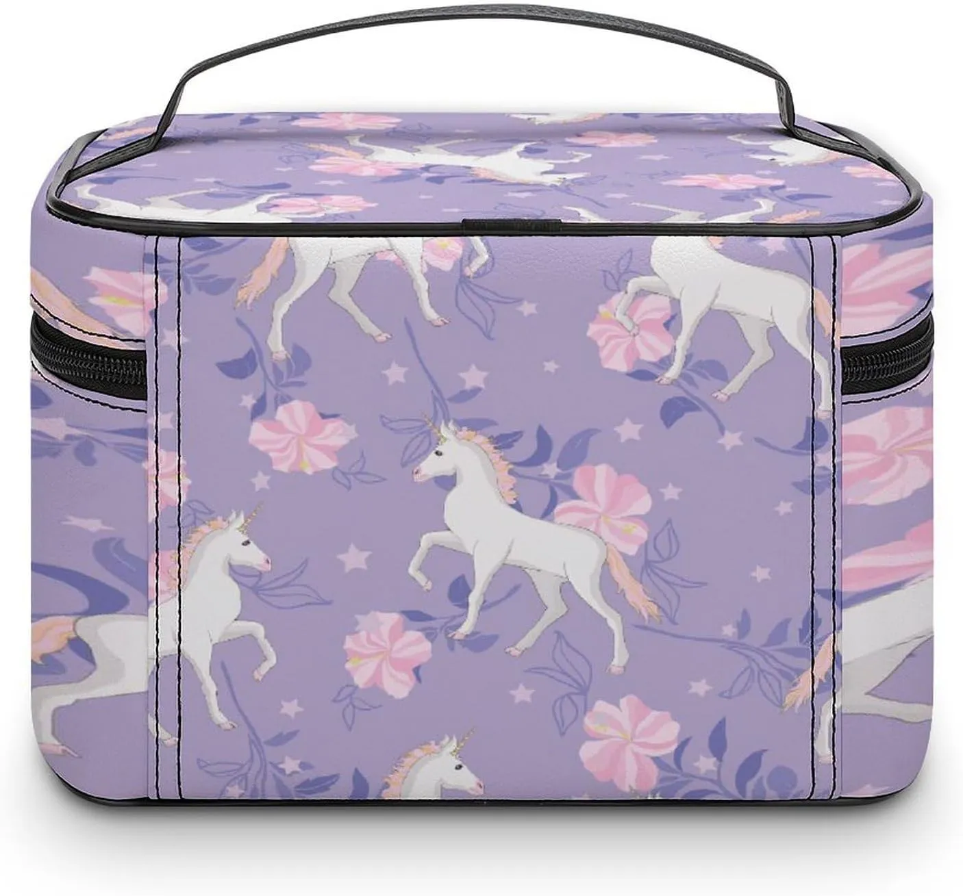 Large Women Wash Bag, Cosmetic Organizer Train Toiletry Storage Case Holder Zipper Makeup Bag Pouch 9.8x7.5x5.9 in Print White Unicorns Pink Flowers Stars On Purple Floral