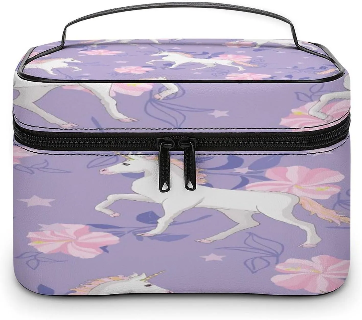 Large Women Wash Bag, Cosmetic Organizer Train Toiletry Storage Case Holder Zipper Makeup Bag Pouch 9.8x7.5x5.9 in Print White Unicorns Pink Flowers Stars On Purple Floral