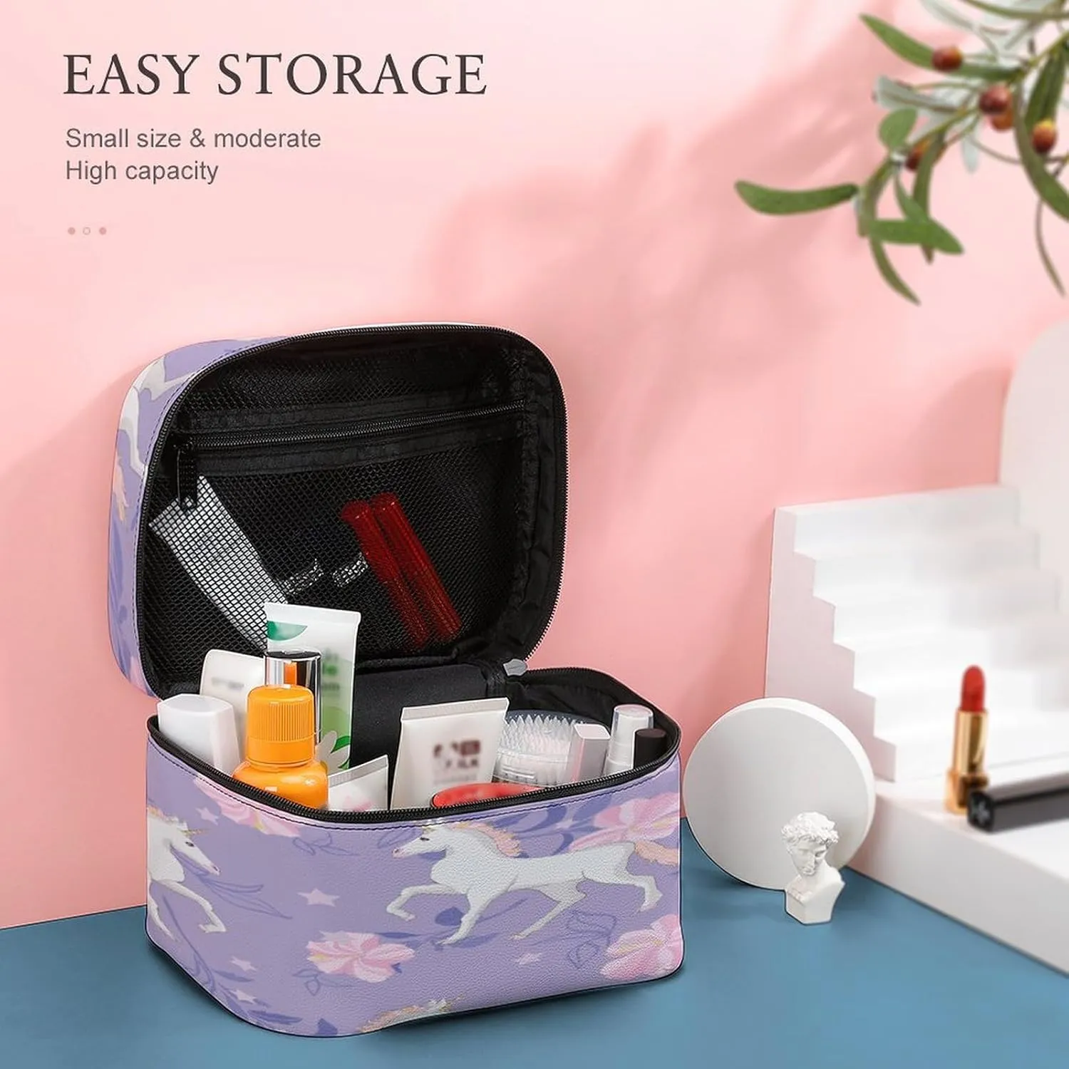 Large Women Wash Bag, Cosmetic Organizer Train Toiletry Storage Case Holder Zipper Makeup Bag Pouch 9.8x7.5x5.9 in Print White Unicorns Pink Flowers Stars On Purple Floral