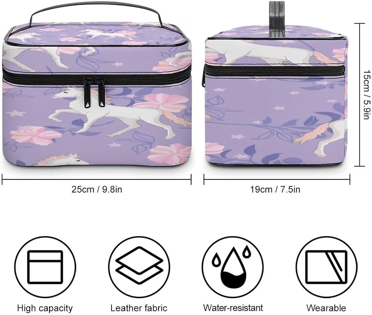 Large Women Wash Bag, Cosmetic Organizer Train Toiletry Storage Case Holder Zipper Makeup Bag Pouch 9.8x7.5x5.9 in Print White Unicorns Pink Flowers Stars On Purple Floral