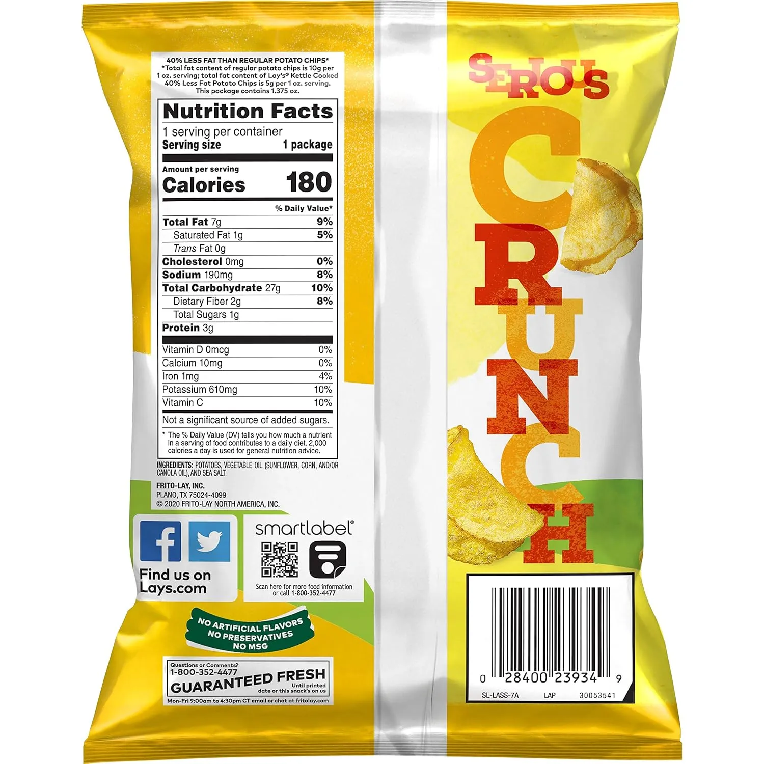 Lay's Kettle Cooked Potato Chips, 40% Less Fat Original, 1.375 Ounce (Pack of 64)