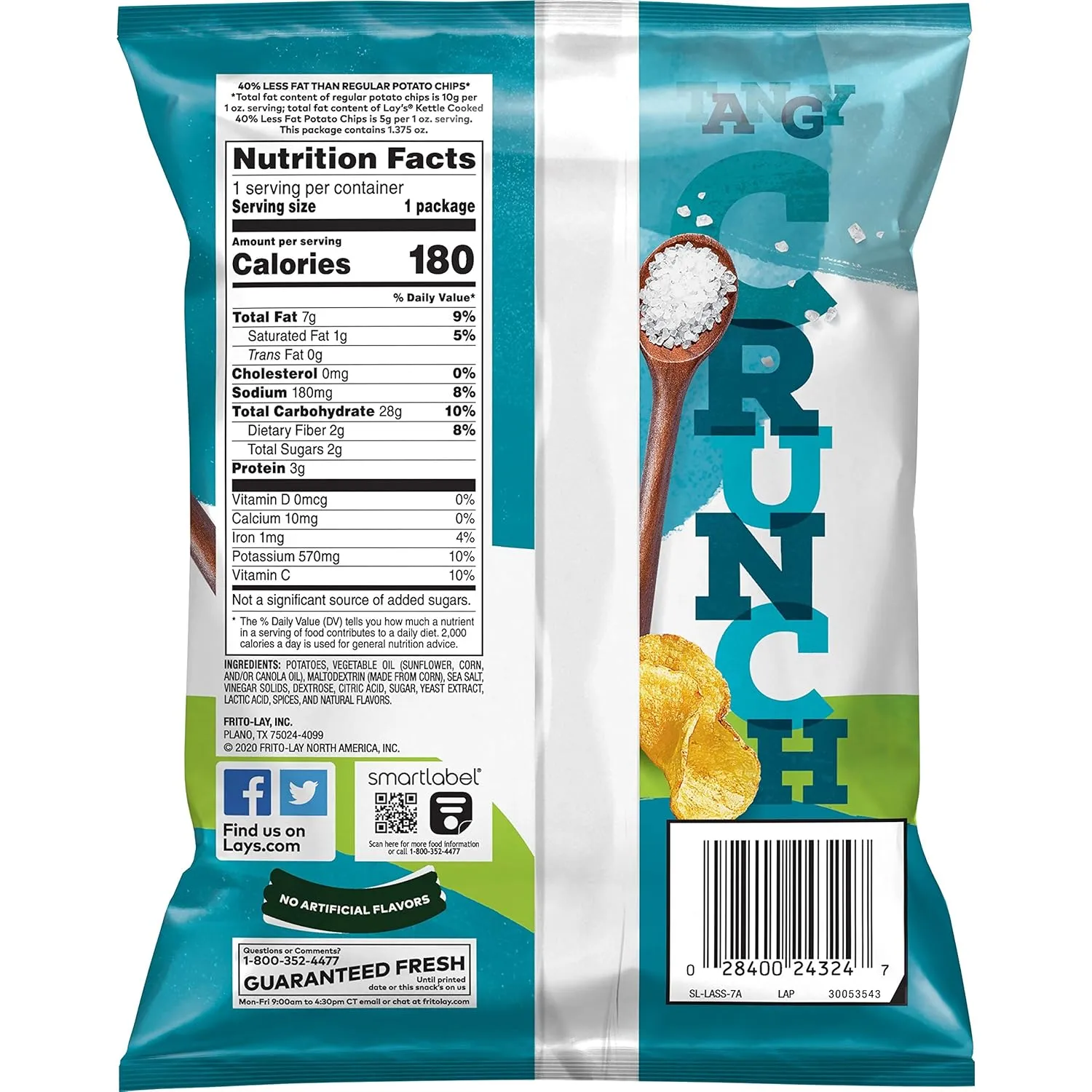 Lay's Kettle Cooked Potato Chips, 40% Less Fat Salt & Vinegar, 1.375 Ounce (Pack of 64)