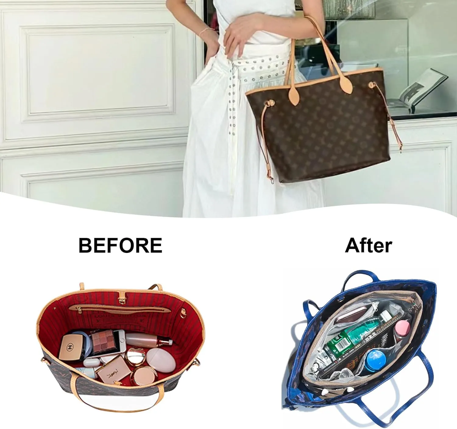 Lckaey Premium Nylon Purse Organizer for neverfull Tote Handbag insert for longchamp and goyard tote Organizers 3097Brown-M