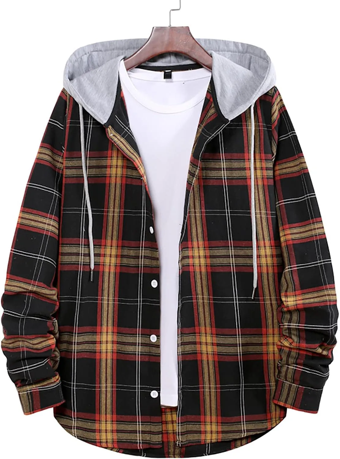 LCMTWX Men's Fleece Flannel Jackets Hooded Collar Long Sleeve Shirt Blouse Long Sleeve Button Up Fleece Plaid Shirts Coat