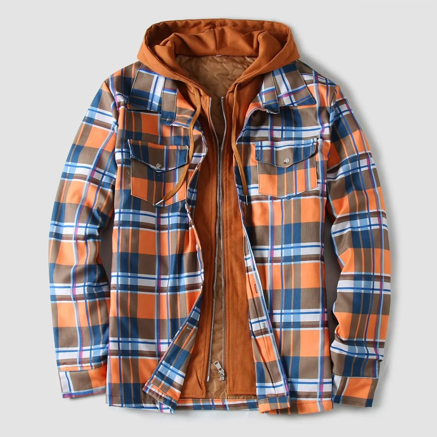 LCMTWX Mens Plaid Flannel Jacket Plaid Print Hooded Zipper Pocket Long Sleeve Shirt Long Sleeve Button Up Fleece Plaid