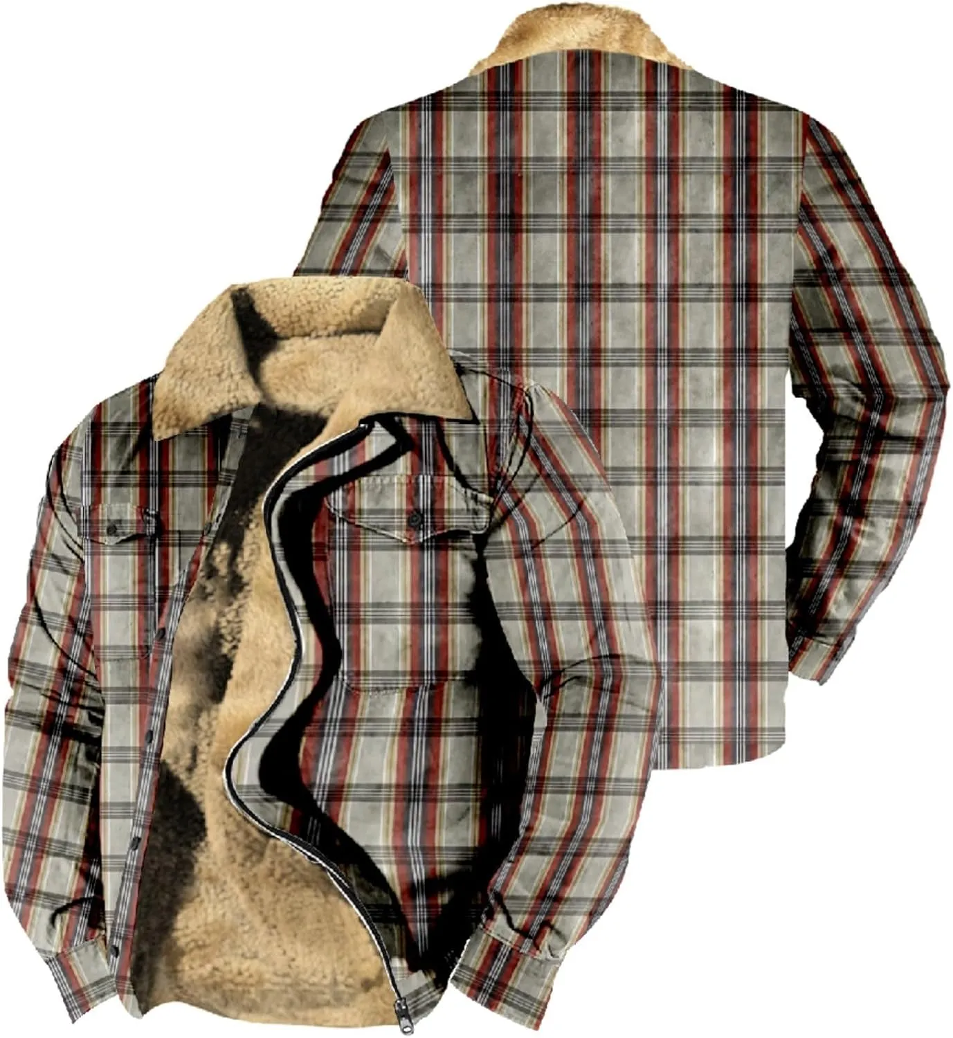 LCMTWX Men's Plaid Hooded Shirts Pocket Hooded Padded Loose Shirt Top Jacket Coats Casual Loose Thicken Quilted Sherpa