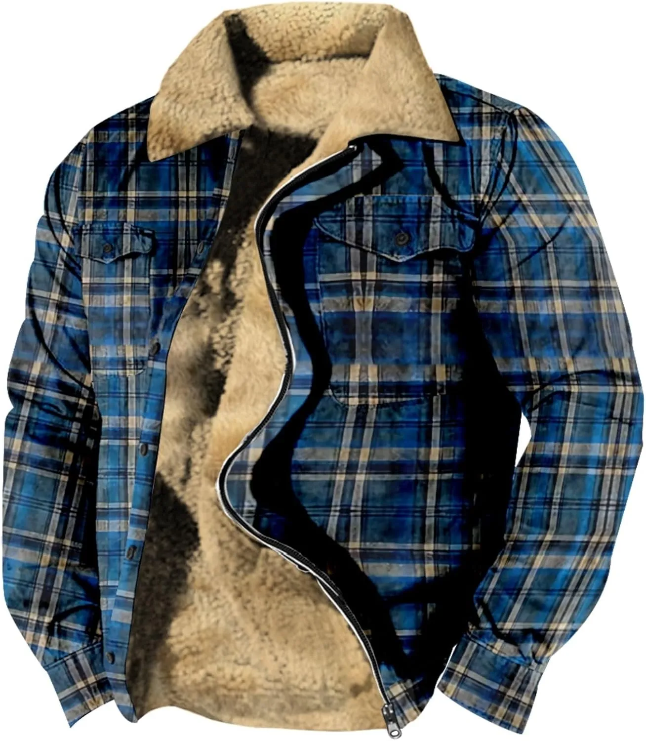 LCMTWX Men's Plaid Hooded Shirts Pocket Hooded Padded Loose Shirt Top Jacket Coats Casual Loose Thicken Quilted Sherpa