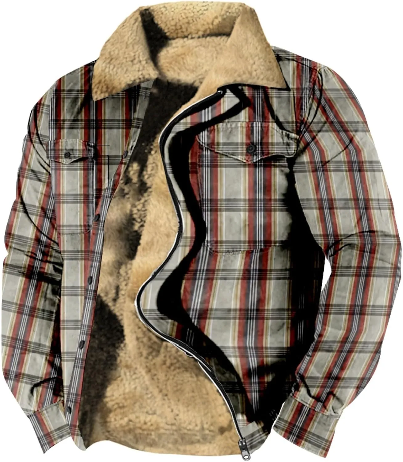 LCMTWX Men's Plaid Hooded Shirts Pocket Hooded Padded Loose Shirt Top Jacket Coats Casual Loose Thicken Quilted Sherpa