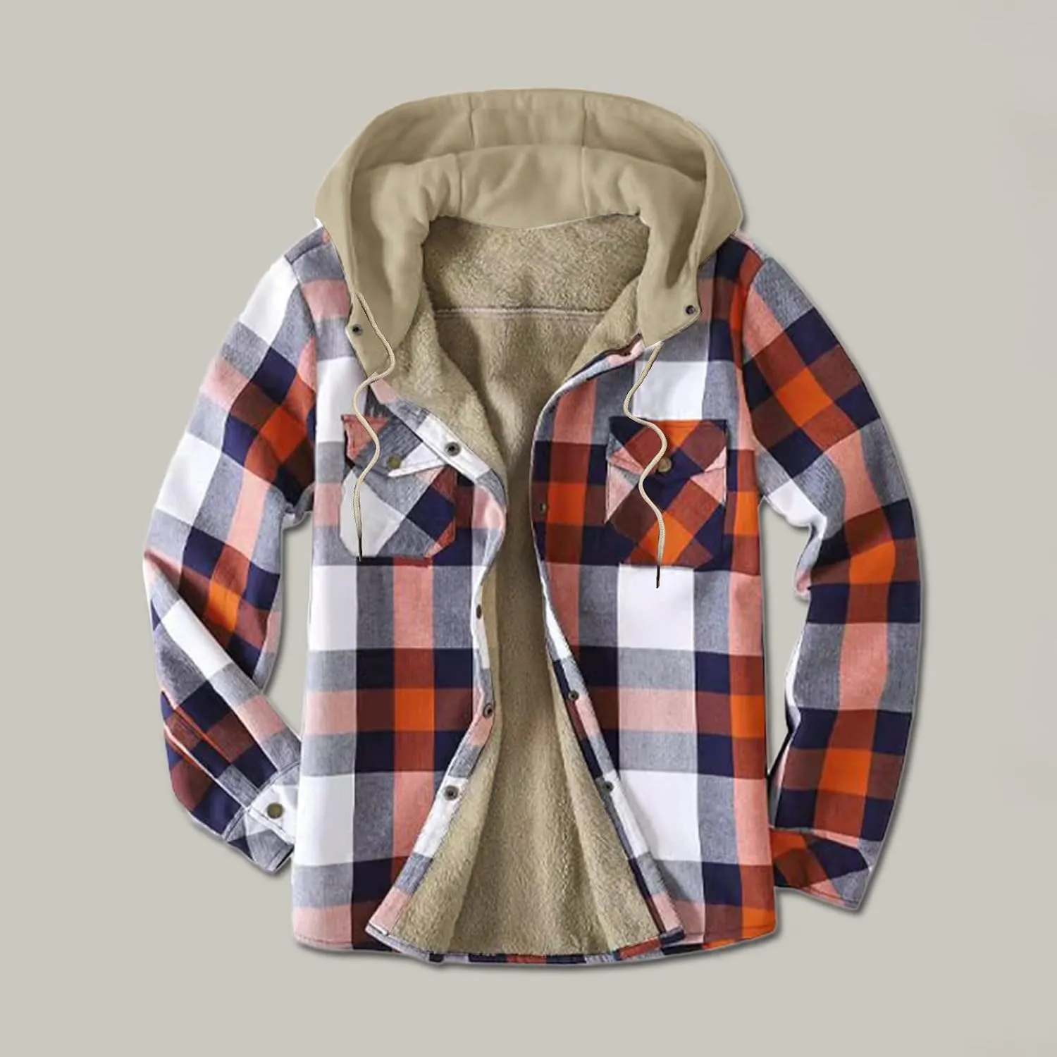 LCMTWX Mens Plaid Jacket Winter Large Plaid Pocket Hooded Loose Coat Plus Velvet Shirt Top Lightweight Shirt Jackets Casual