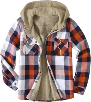 LCMTWX Mens Plaid Jacket Winter Large Plaid Pocket Hooded Loose Coat Plus Velvet Shirt Top Lightweight Shirt Jackets Casual