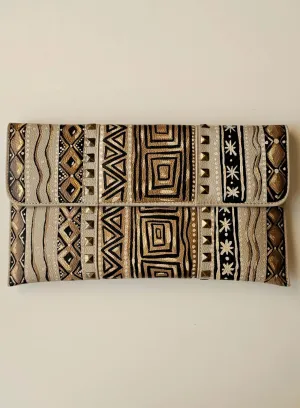 Leather Envelope with Studs Beige X Geometric