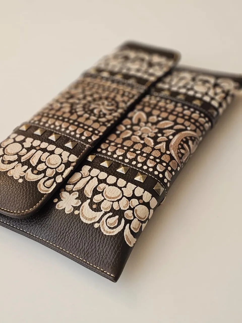 Leather Envelope with Studs Black X Brown