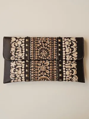 Leather Envelope with Studs Black X Brown