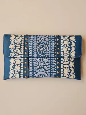 Leather Envelope with Studs Blue X Offwhite