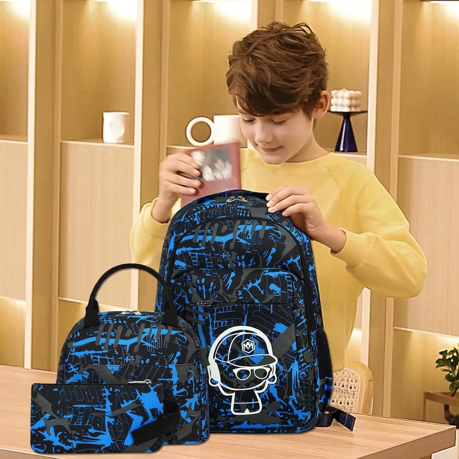 LEDAOU Backpack for Kids Boys School Bags Teen Bookbags Set School Backpack with Lunch Box and Pencil Case