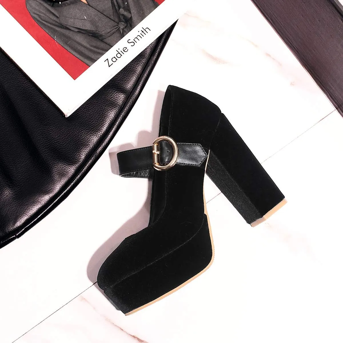 LEHOOR Women Chunky High Heel Round Toe Loafer Pumps Platform Mary Jane Ankle Strap Buckle Ladies Shoes Fashion 4-10 M US